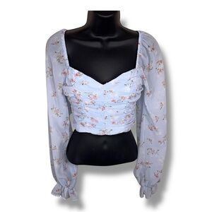 Small Windsor Blue Floral Smocked Peasant Blouse Pastel Crop Top Sweetheart Neck